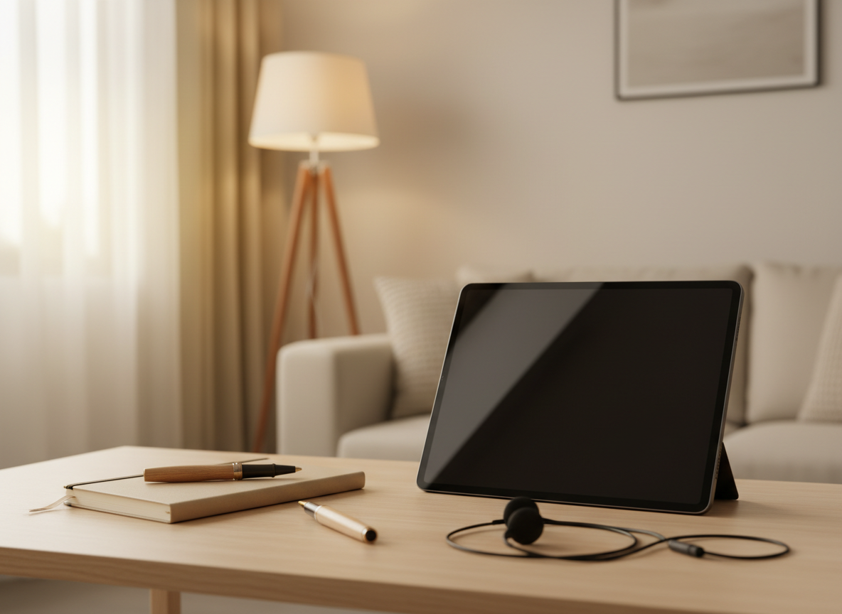 An inviting online therapy setting with a sleek, modern tablet propped upright on a tidy desk, its dark screen reflecting soft ambient light, intentionally left blank to avoid showing people. Around it, a closed notebook, a finely crafted wooden pen and a pair of simple wired headphones rest in an organized layout. The background reveals a blurred living-room style space with a neutral-toned sofa and a tall floor lamp. Late afternoon natural light combines with the warm glow of the lamp, producing a cozy, balanced illumination. Shot in photographic realism from an eye-level angle with shallow depth of field, the composition emphasizes accessibility, digital connection and privacy in psychological support.