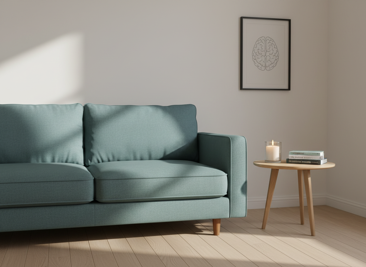 A serene corner of a therapy studio with an empty, plush teal sofa that has a slightly textured fabric, positioned against a warm white wall. A round side table in light ash wood holds a lit, unscented white candle in a glass holder and a small stack of calming psychology books. On the wall, a simple line-art illustration of a human brain in soft grey hangs in a thin black frame. Diffused morning light streams diagonally from an off-frame window, creating gentle highlights on the fabric and soft shadows along the floor’s light oak planks. Photographic realism, framed using the rule of thirds, establishes a soothing, introspective mood, perfect for discussing anxiety, stress and emotional wellbeing.