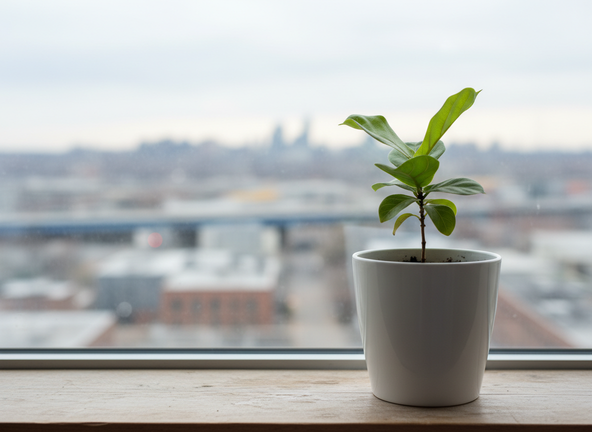 A symbolic representation of psychological growth featuring a small, thriving green plant emerging from a simple white ceramic pot placed at the edge of a wooden windowsill. Outside the window, an out-of-focus, gentle cityscape suggests life changes and transitions without specific people or cars. Soft overcast daylight bathes the scene, creating a calm, even light with subtle reflections on the glass. The camera is positioned close to the plant, using shallow depth of field so the leaves’ delicate textures are sharp while the background gently blurs. Executed in photographic realism with a clean, minimalist aesthetic, the image conveys resilience, hope and personal development, aligned with clinical psychology work on self-esteem and life changes.